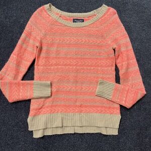 Y2K American Eagle Outfitters Sweater Women Small Pink Tan Striped Knit Pullover